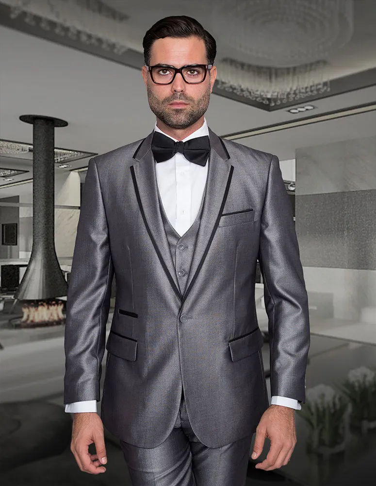 3PC TUXEDO TAILORED FIT FLAT FRONT PANTS INCLUDING MATCHING BOW TIE | VENETIAN-Silver