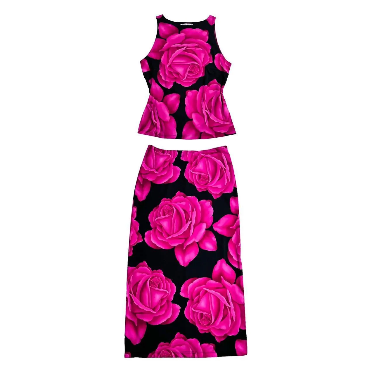 90s Slinky Rose Maxi Skirt Set (L)