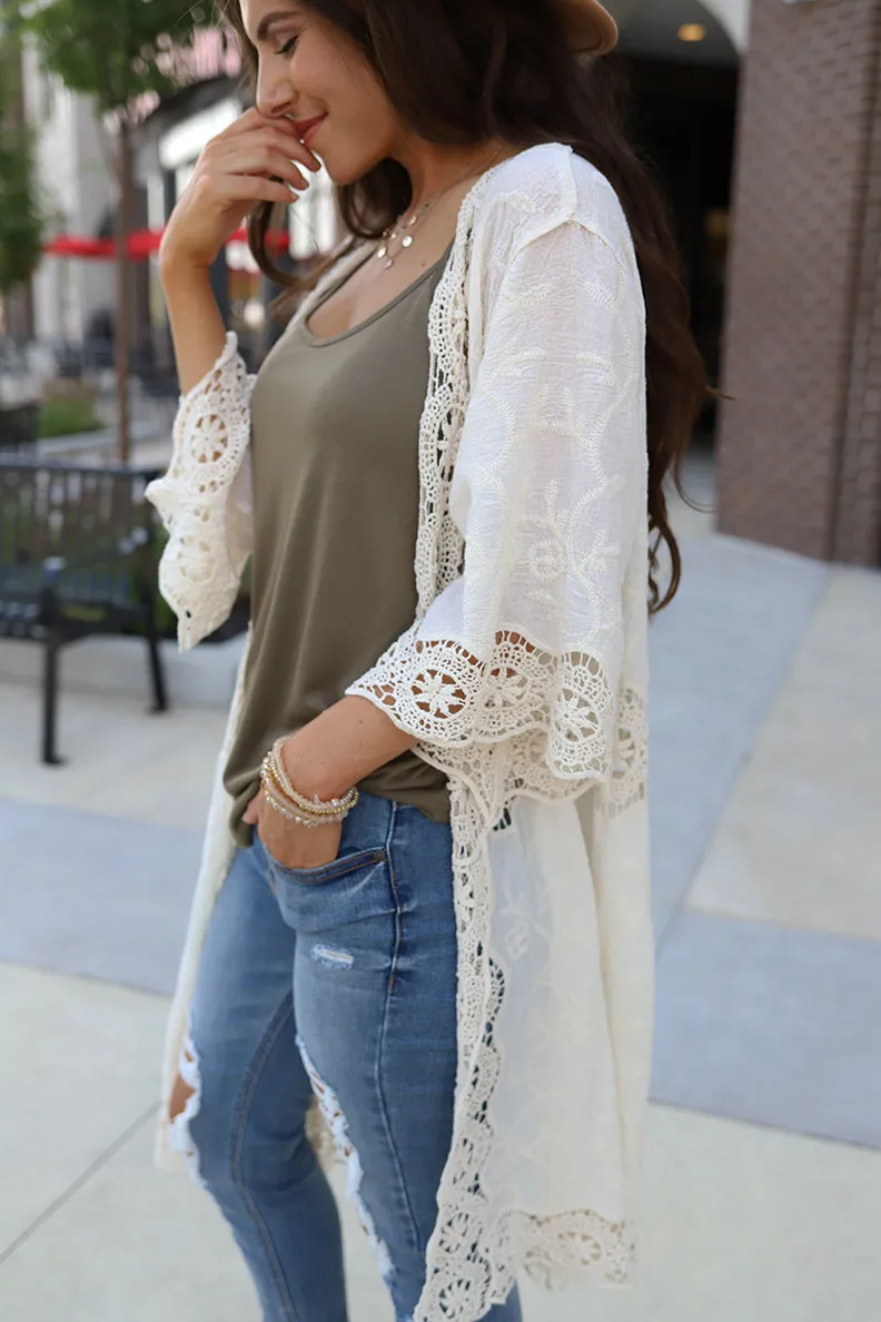 Adoria Crochet Detailed Kimono Duster - Ivory