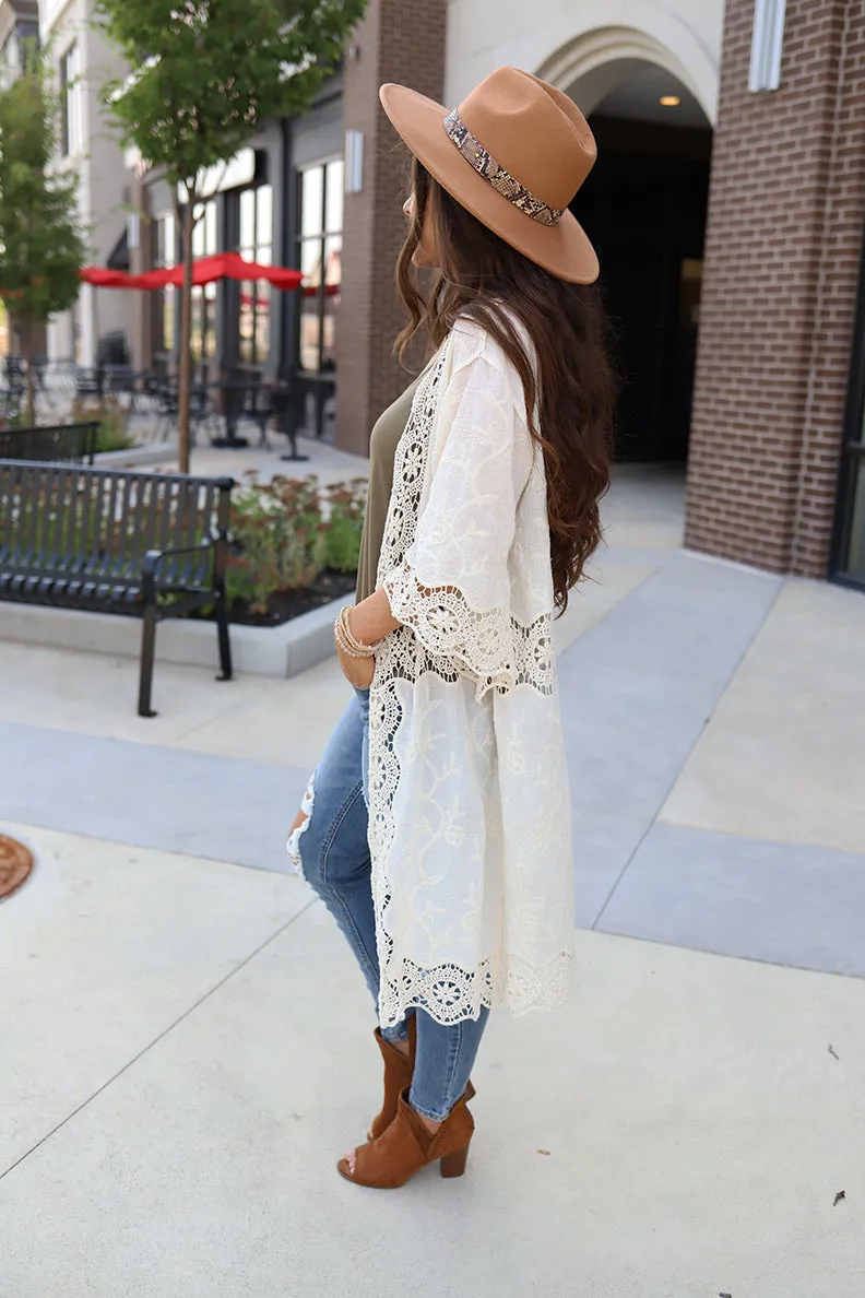 Adoria Crochet Detailed Kimono Duster - Ivory