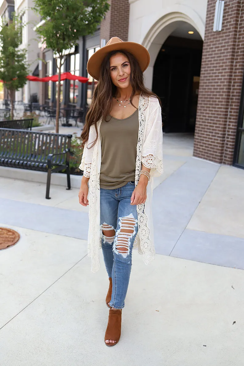 Adoria Crochet Detailed Kimono Duster - Ivory