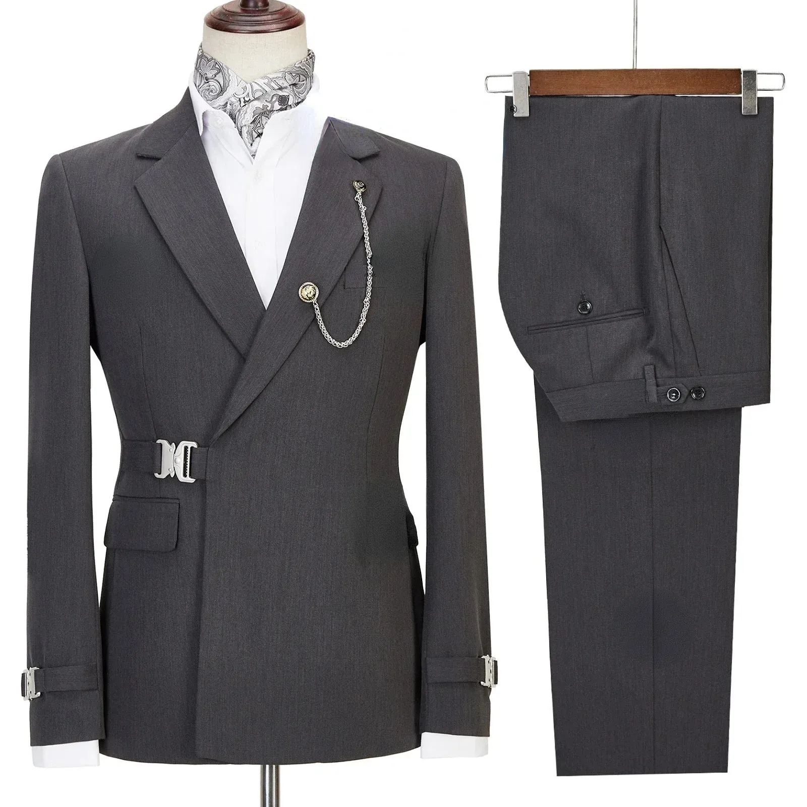 Aidase Elegant Luxury Solid Color Business Men's Suit Two Pieces Metal Buckle Male Formal Occasions Blazers and Pants