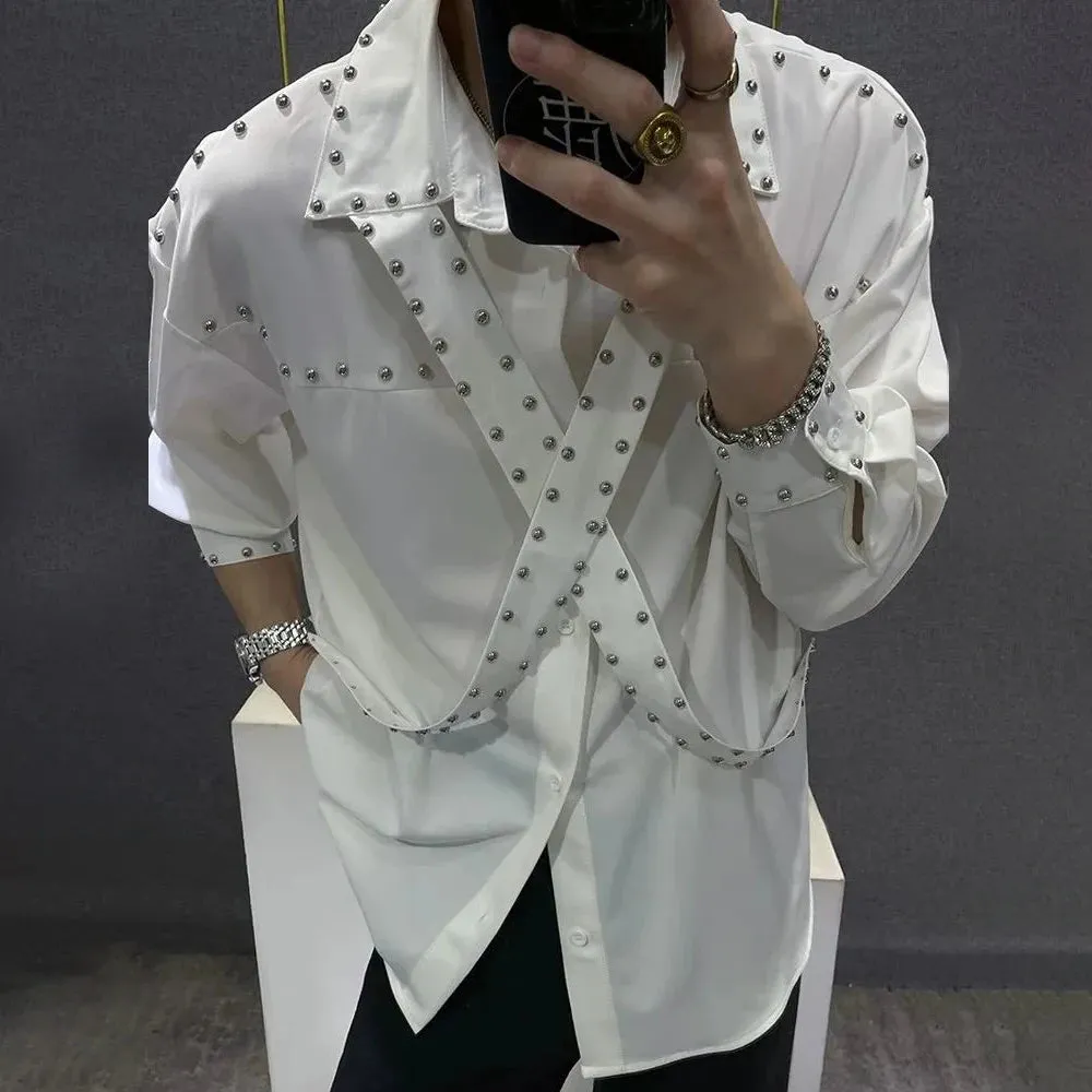 Aidase Mens Ribbons Rivets Shirts Autumn Streetwear Fashion Trends Campus Performances Casual Long-Sleeve Tops Men'S Clothing