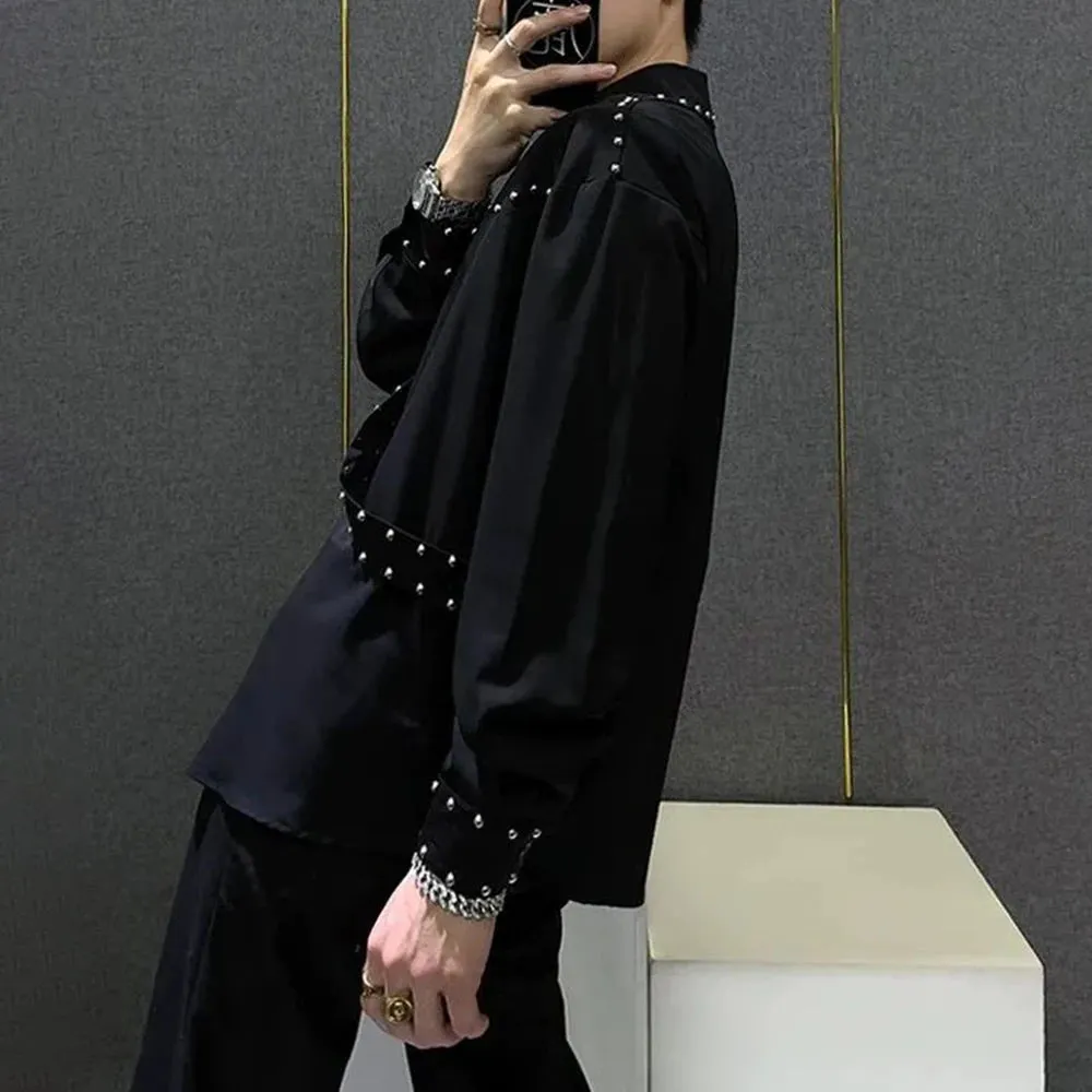 Aidase Mens Ribbons Rivets Shirts Autumn Streetwear Fashion Trends Campus Performances Casual Long-Sleeve Tops Men'S Clothing