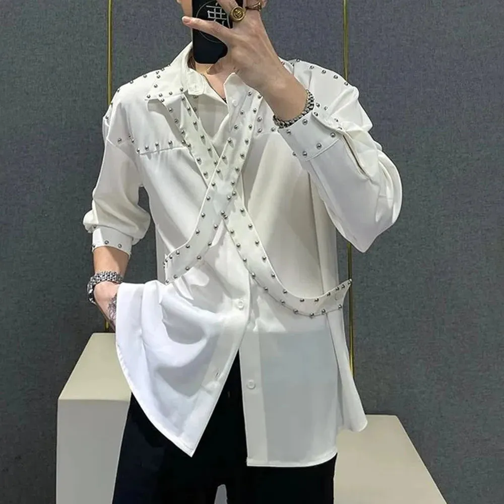 Aidase Mens Ribbons Rivets Shirts Autumn Streetwear Fashion Trends Campus Performances Casual Long-Sleeve Tops Men'S Clothing