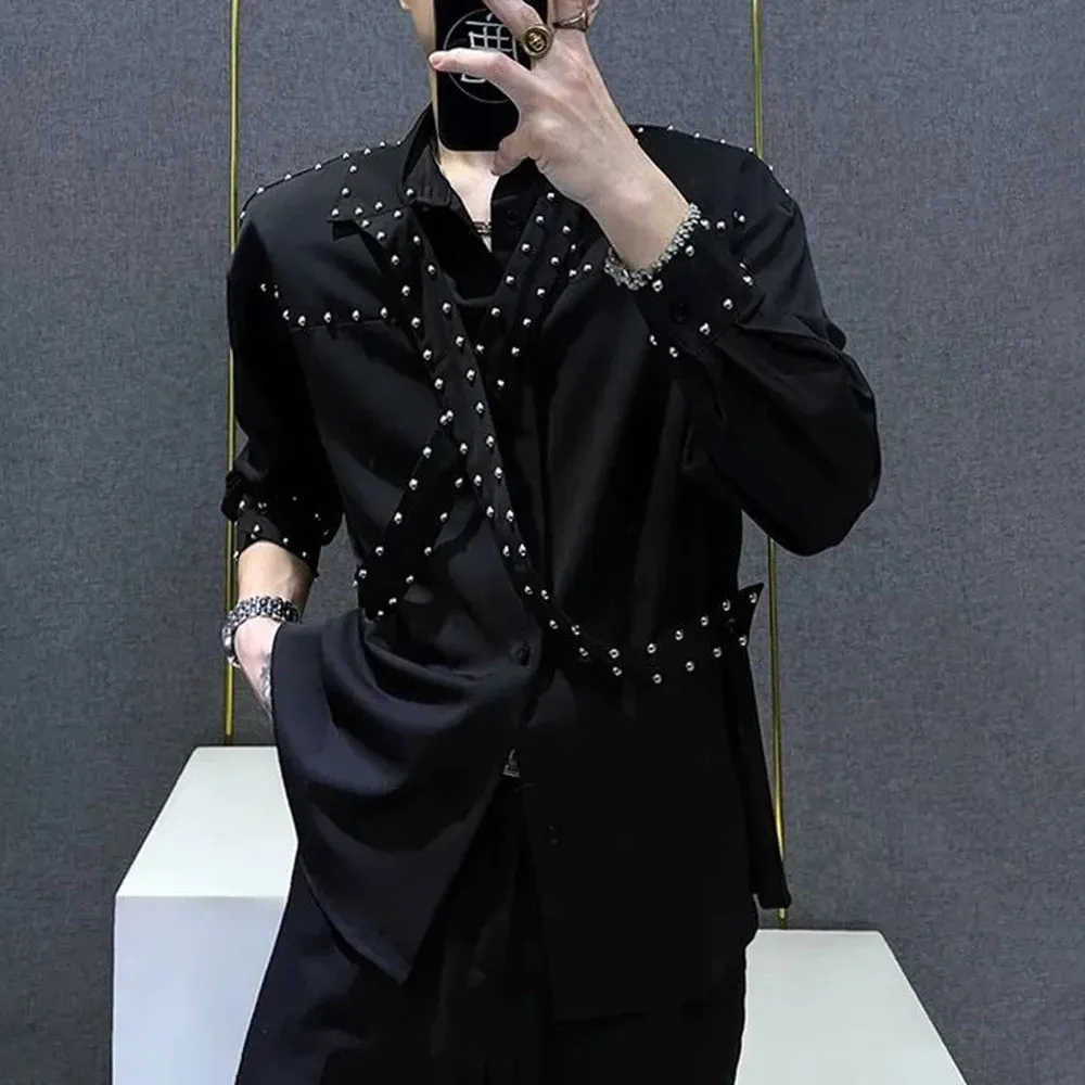 Aidase Mens Ribbons Rivets Shirts Autumn Streetwear Fashion Trends Campus Performances Casual Long-Sleeve Tops Men'S Clothing