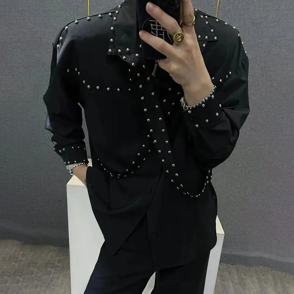 Aidase Mens Ribbons Rivets Shirts Autumn Streetwear Fashion Trends Campus Performances Casual Long-Sleeve Tops Men'S Clothing