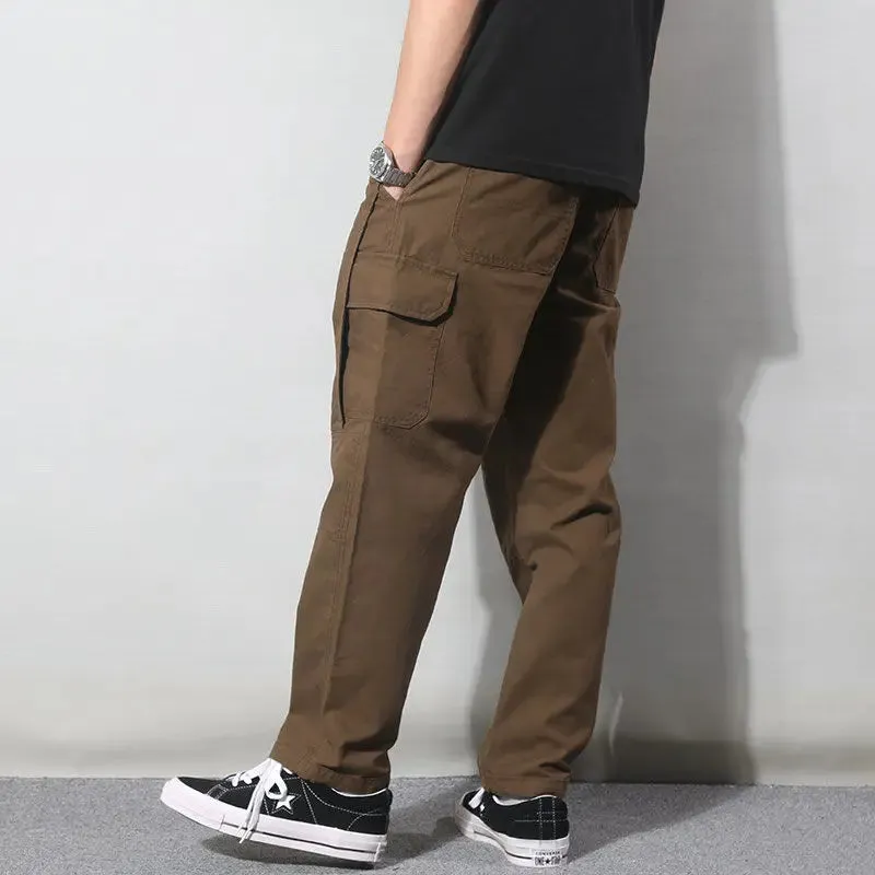 Aidase Spring Autumn Fashion Elastic Waist Drawstring Men's Clothing Loose Solid Trend Korean Pockets Straight Simplicity Cargo Pants