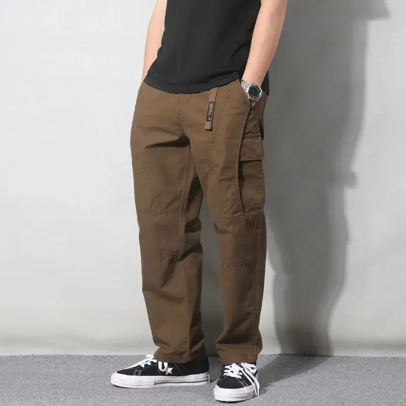 Aidase Spring Autumn Fashion Elastic Waist Drawstring Men's Clothing Loose Solid Trend Korean Pockets Straight Simplicity Cargo Pants