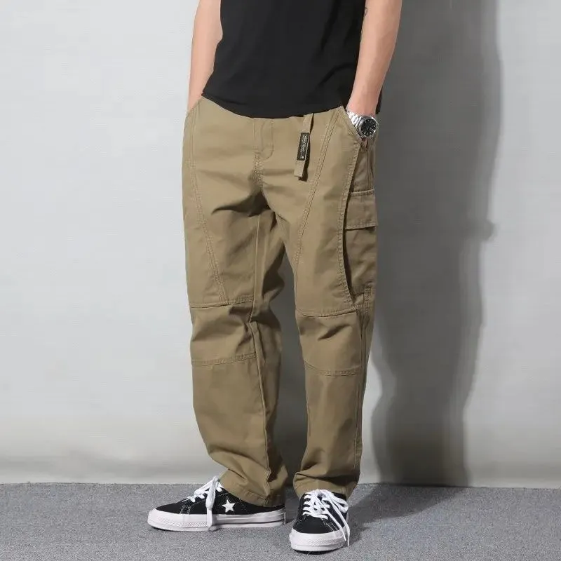 Aidase Spring Autumn Fashion Elastic Waist Drawstring Men's Clothing Loose Solid Trend Korean Pockets Straight Simplicity Cargo Pants