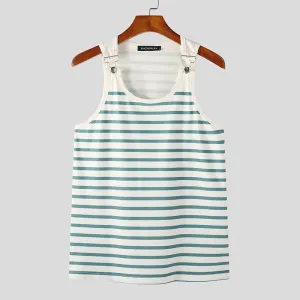Aidase Tops American Style Men's Horizontal Stripe Blue&White Strap Buckle Design Vests Casual Men's Sports Knit Waistcoat