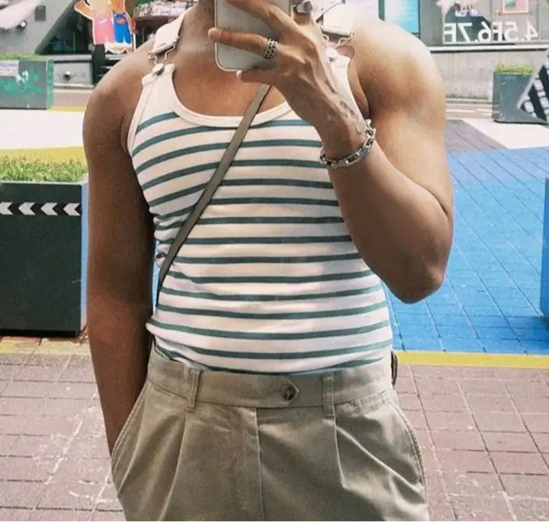 Aidase Tops American Style Men's Horizontal Stripe Blue&White Strap Buckle Design Vests Casual Men's Sports Knit Waistcoat
