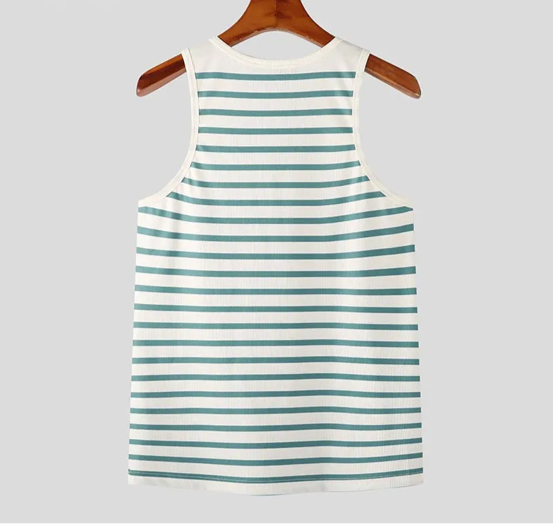 Aidase Tops American Style Men's Horizontal Stripe Blue&White Strap Buckle Design Vests Casual Men's Sports Knit Waistcoat