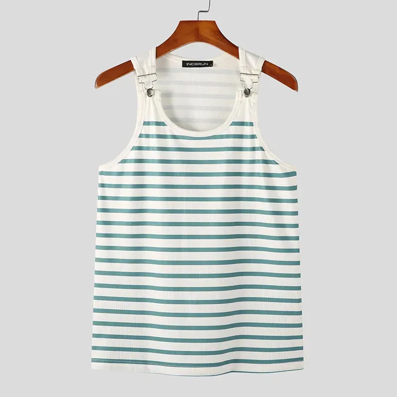 Aidase Tops American Style Men's Horizontal Stripe Blue&White Strap Buckle Design Vests Casual Men's Sports Knit Waistcoat