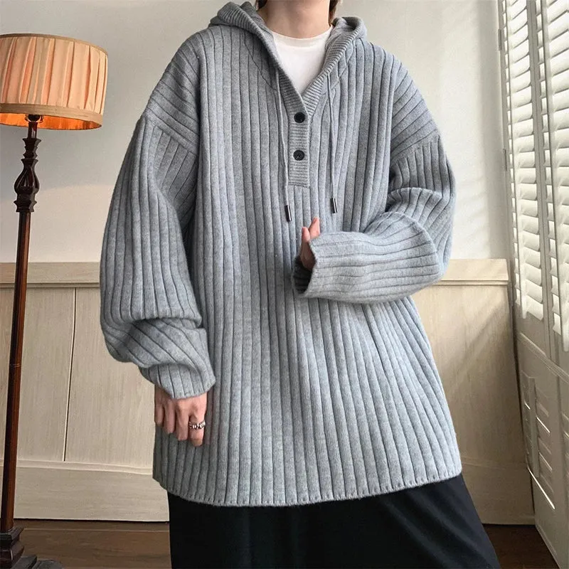 Aidase Winter Clothing Men's Luxury Knitted Hooded Pullover Sweater Casual Streetwear Button-down Solid Color Long Sleeve Hoodie
