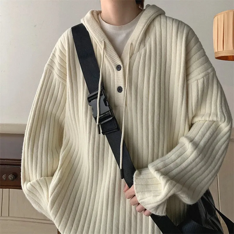Aidase Winter Clothing Men's Luxury Knitted Hooded Pullover Sweater Casual Streetwear Button-down Solid Color Long Sleeve Hoodie