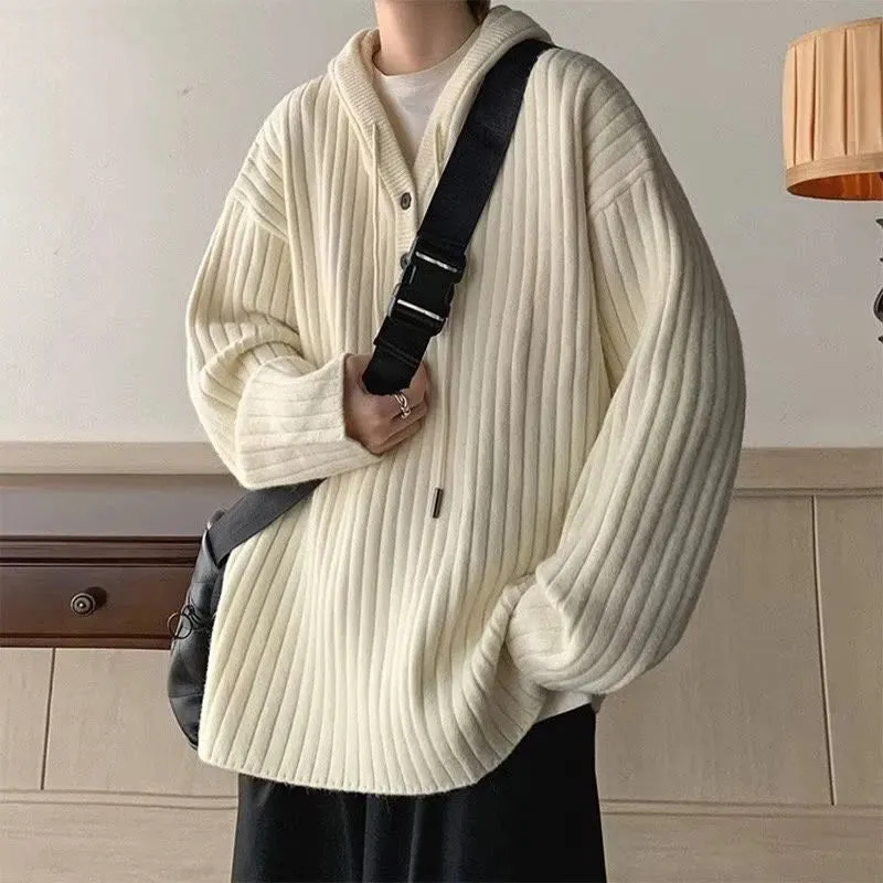 Aidase Winter Clothing Men's Luxury Knitted Hooded Pullover Sweater Casual Streetwear Button-down Solid Color Long Sleeve Hoodie