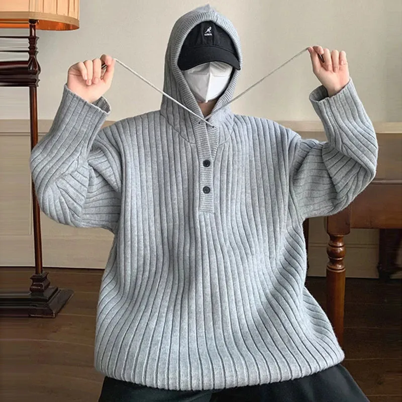 Aidase Winter Clothing Men's Luxury Knitted Hooded Pullover Sweater Casual Streetwear Button-down Solid Color Long Sleeve Hoodie