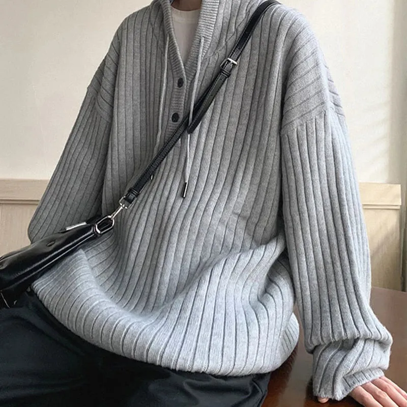 Aidase Winter Clothing Men's Luxury Knitted Hooded Pullover Sweater Casual Streetwear Button-down Solid Color Long Sleeve Hoodie