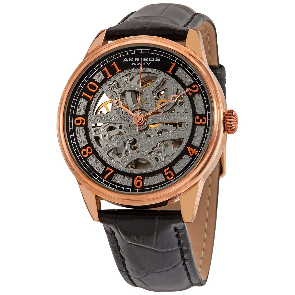 Akribos Xxiv Spirit Silver Skeleton Dial Men's Leather Watch AK807RG