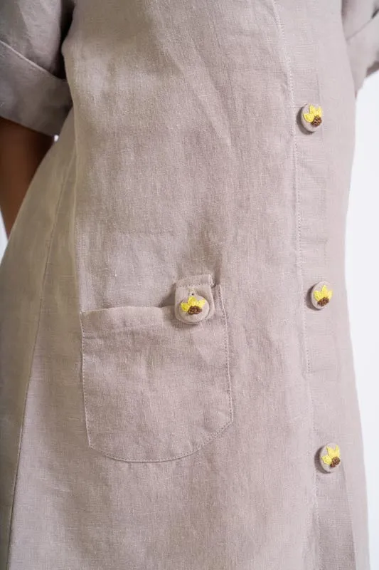 Almond Beige Buttoned Embroidered Dress