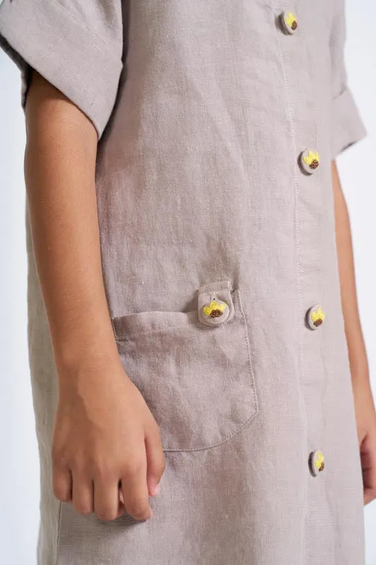 Almond Beige Buttoned Embroidered Dress