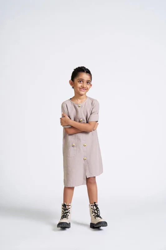 Almond Beige Buttoned Embroidered Dress