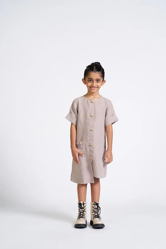 Almond Beige Buttoned Embroidered Dress