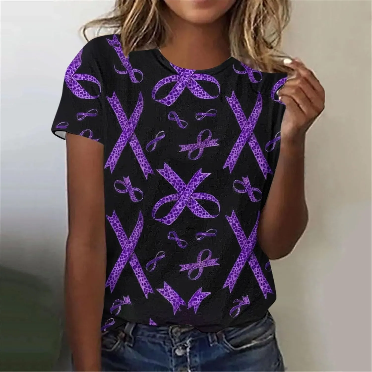 Alzheimers Awareness Shirts Women Crewneck Floral Print Graphic Tee Casual Summer Tops Short Sleeve Loose Comfy T Shirts