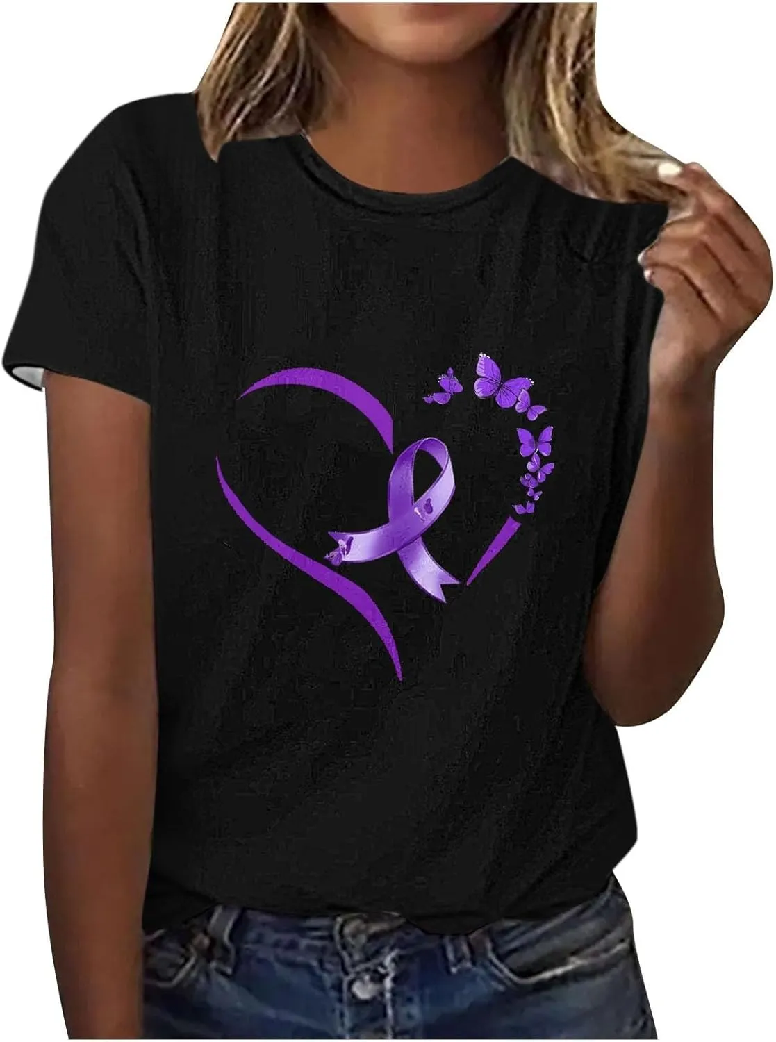 Alzheimers Awareness Shirts Women Crewneck Floral Print Graphic Tee Casual Summer Tops Short Sleeve Loose Comfy T Shirts