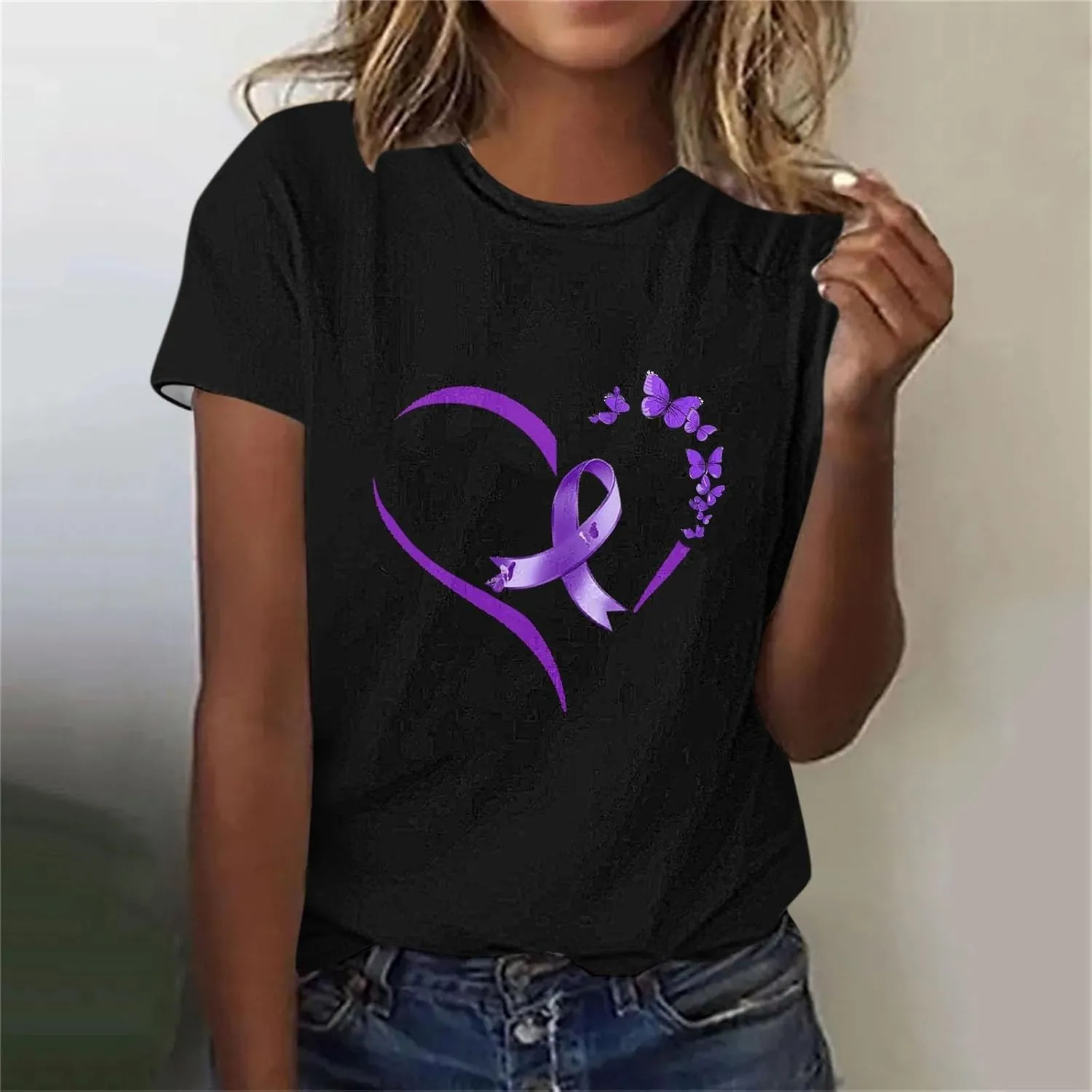Alzheimers Awareness Shirts Women Crewneck Floral Print Graphic Tee Casual Summer Tops Short Sleeve Loose Comfy T Shirts
