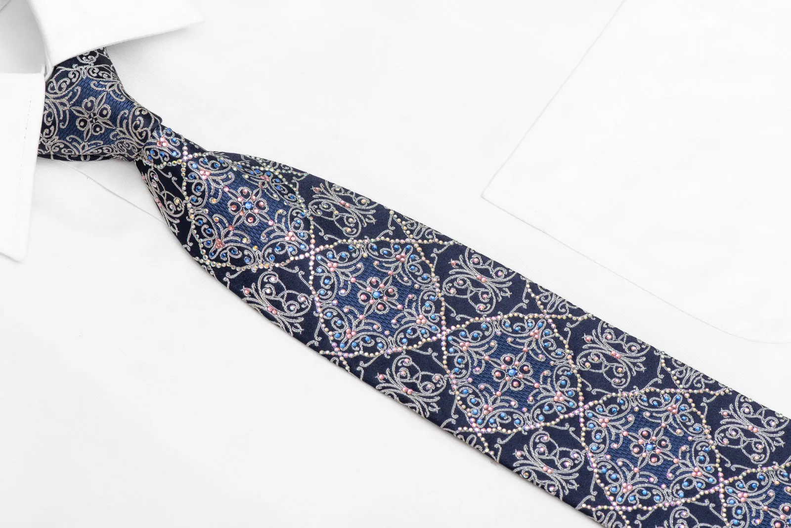 Arabesque On Blue Rhinestone Tie With Silver Sparkles