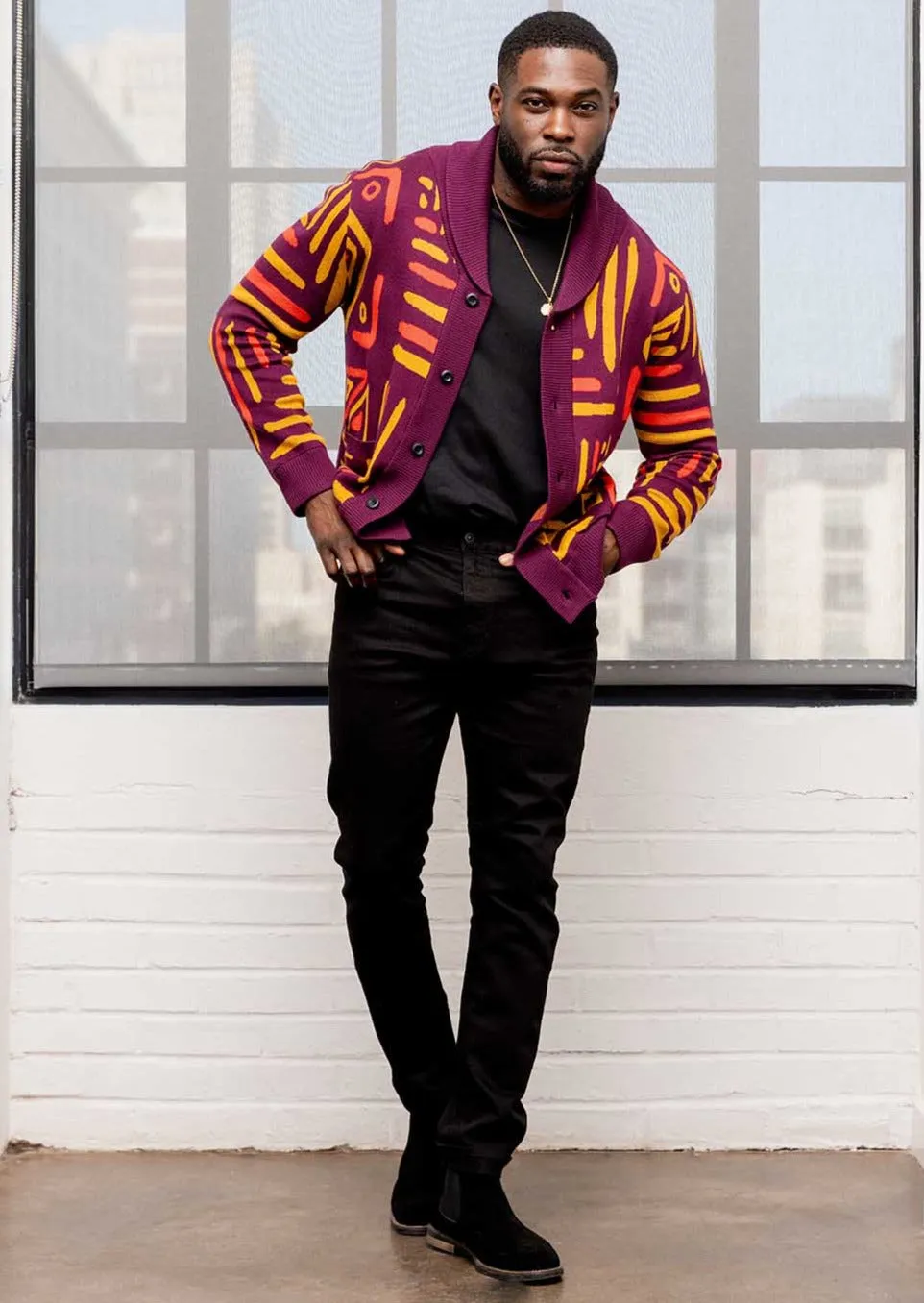 Aren Men's African Print Cardigan Sweater (Plum Gold Tribal)