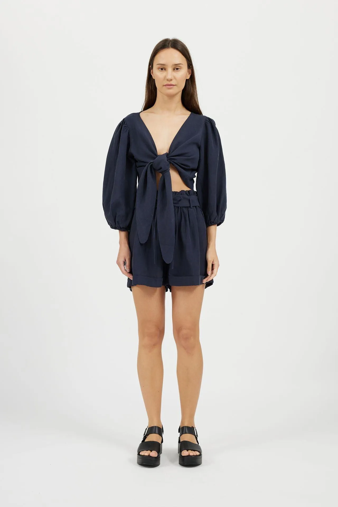 Bamboo Puff Sleeve Tie Front Linen Top