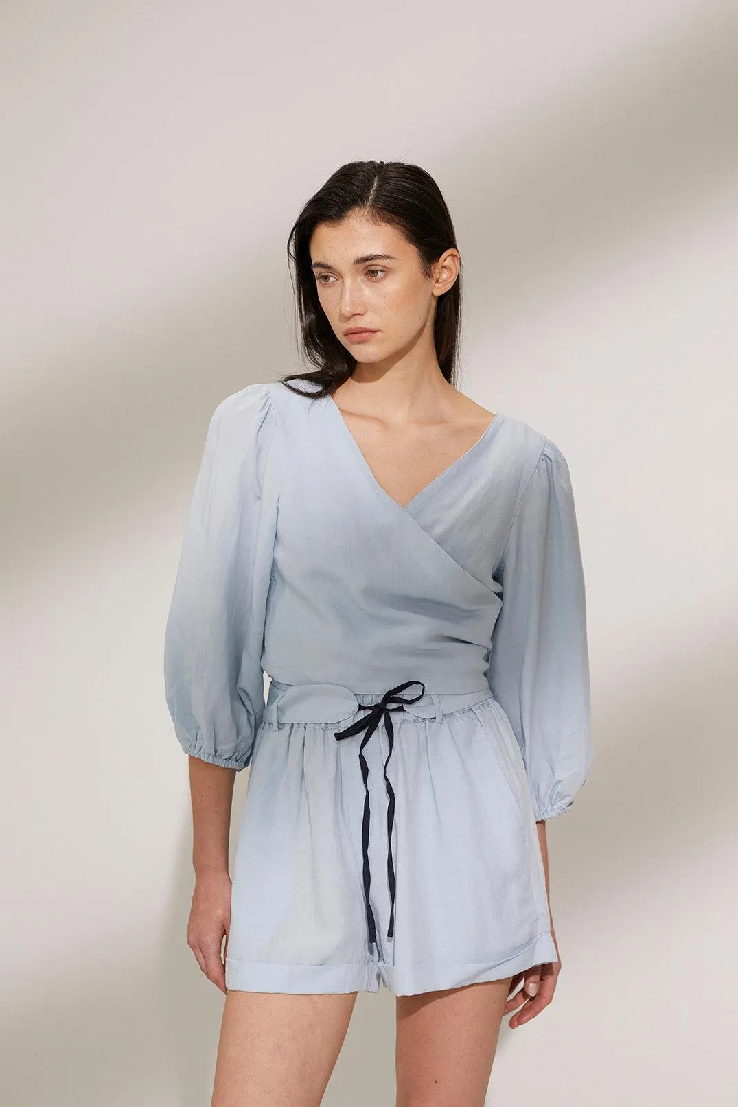 Bamboo Puff Sleeve Tie Front Linen Top
