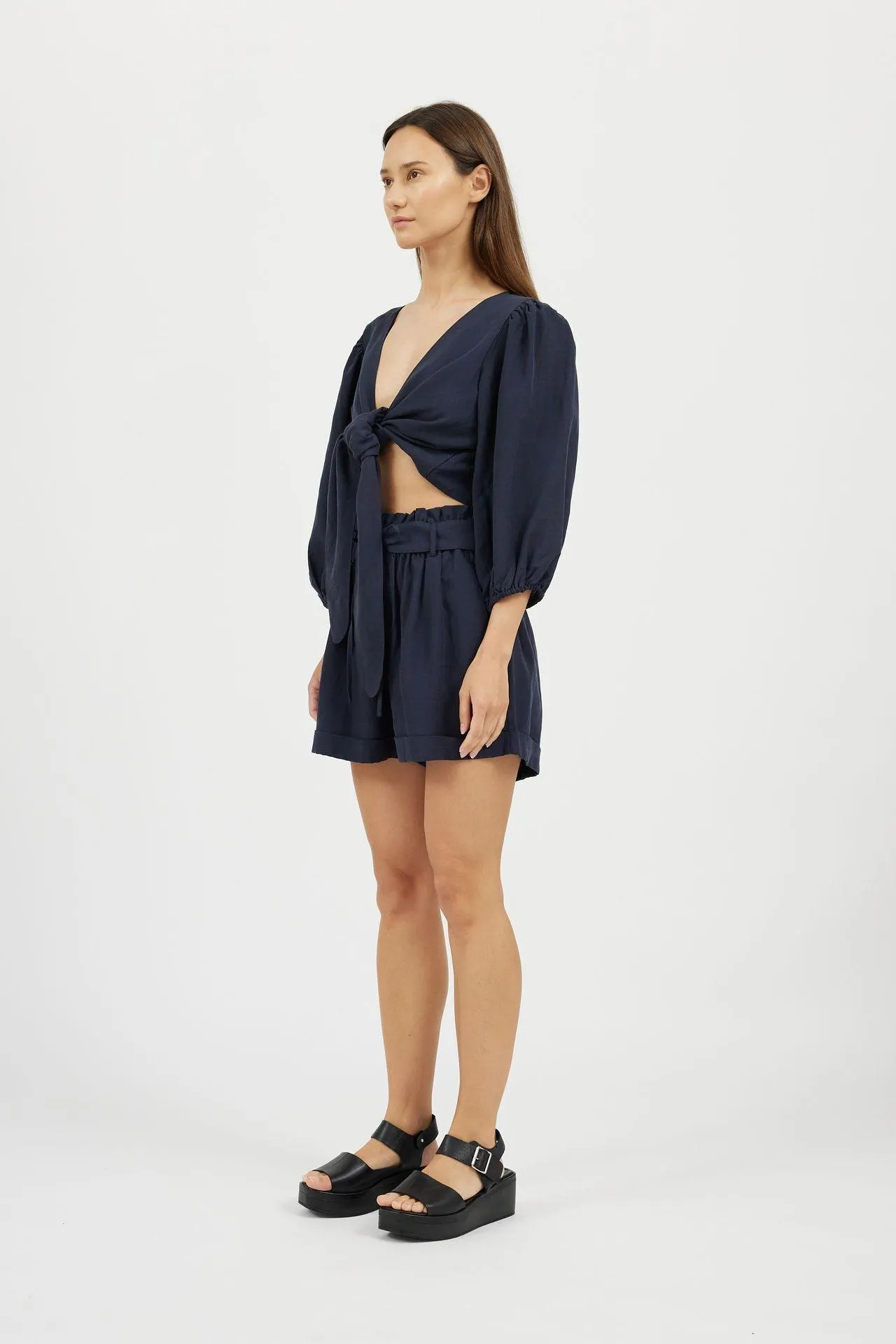 Bamboo Puff Sleeve Tie Front Linen Top