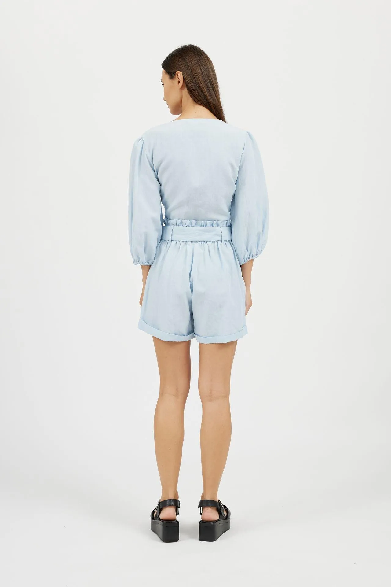 Bamboo Puff Sleeve Tie Front Linen Top