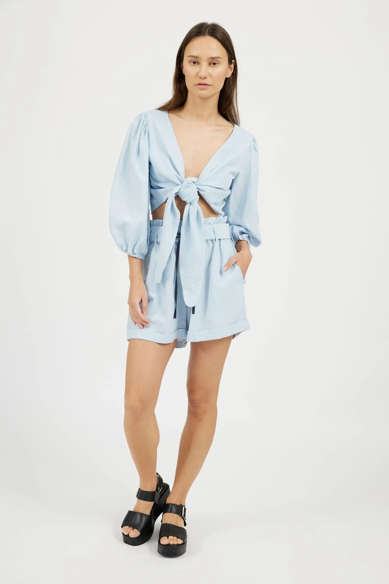 Bamboo Puff Sleeve Tie Front Linen Top