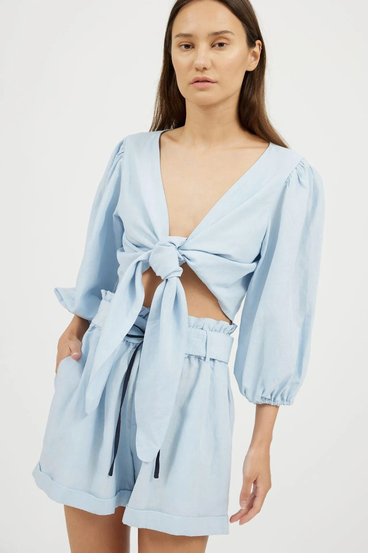 Bamboo Puff Sleeve Tie Front Linen Top