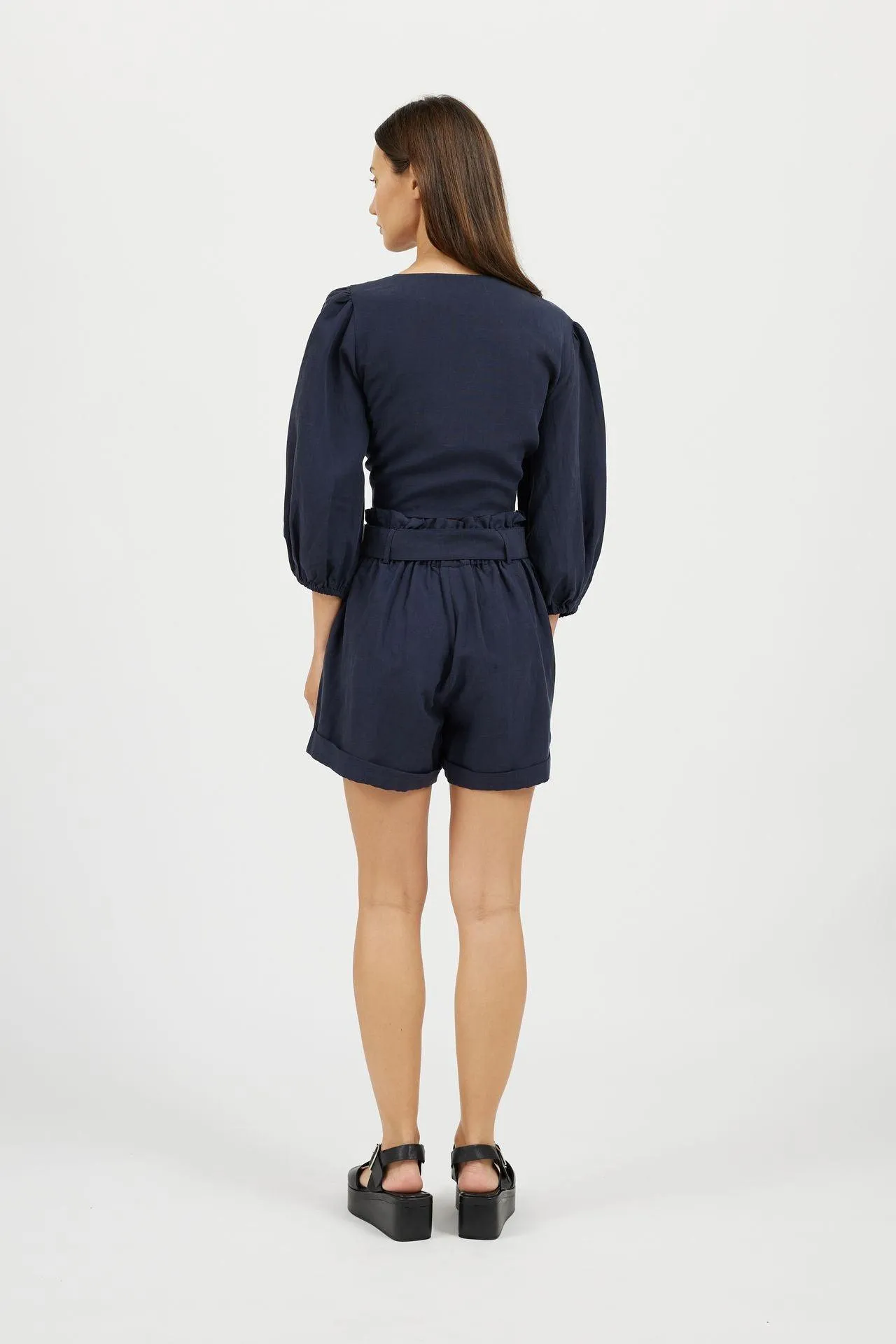 Bamboo Puff Sleeve Tie Front Linen Top
