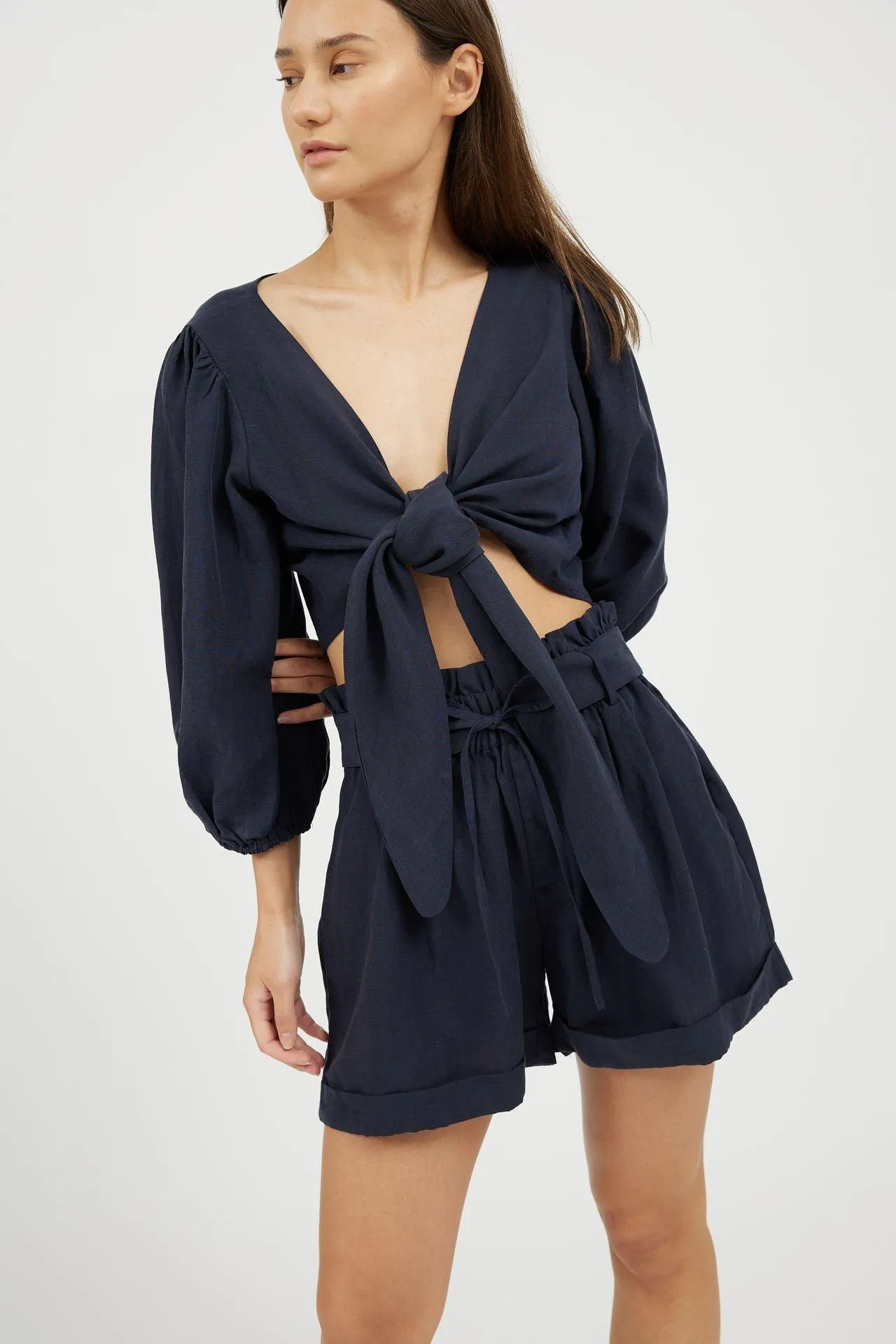Bamboo Puff Sleeve Tie Front Linen Top