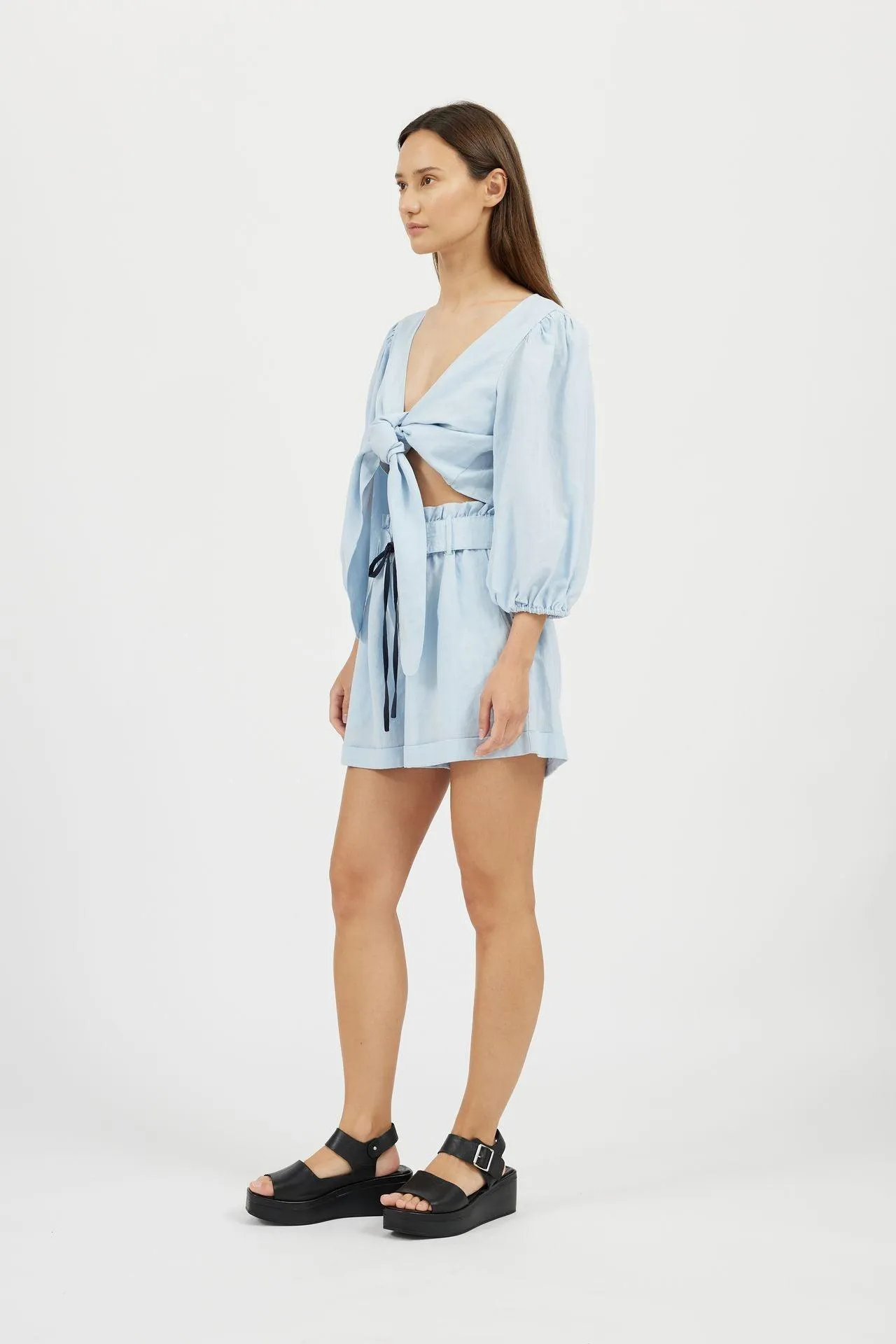 Bamboo Puff Sleeve Tie Front Linen Top