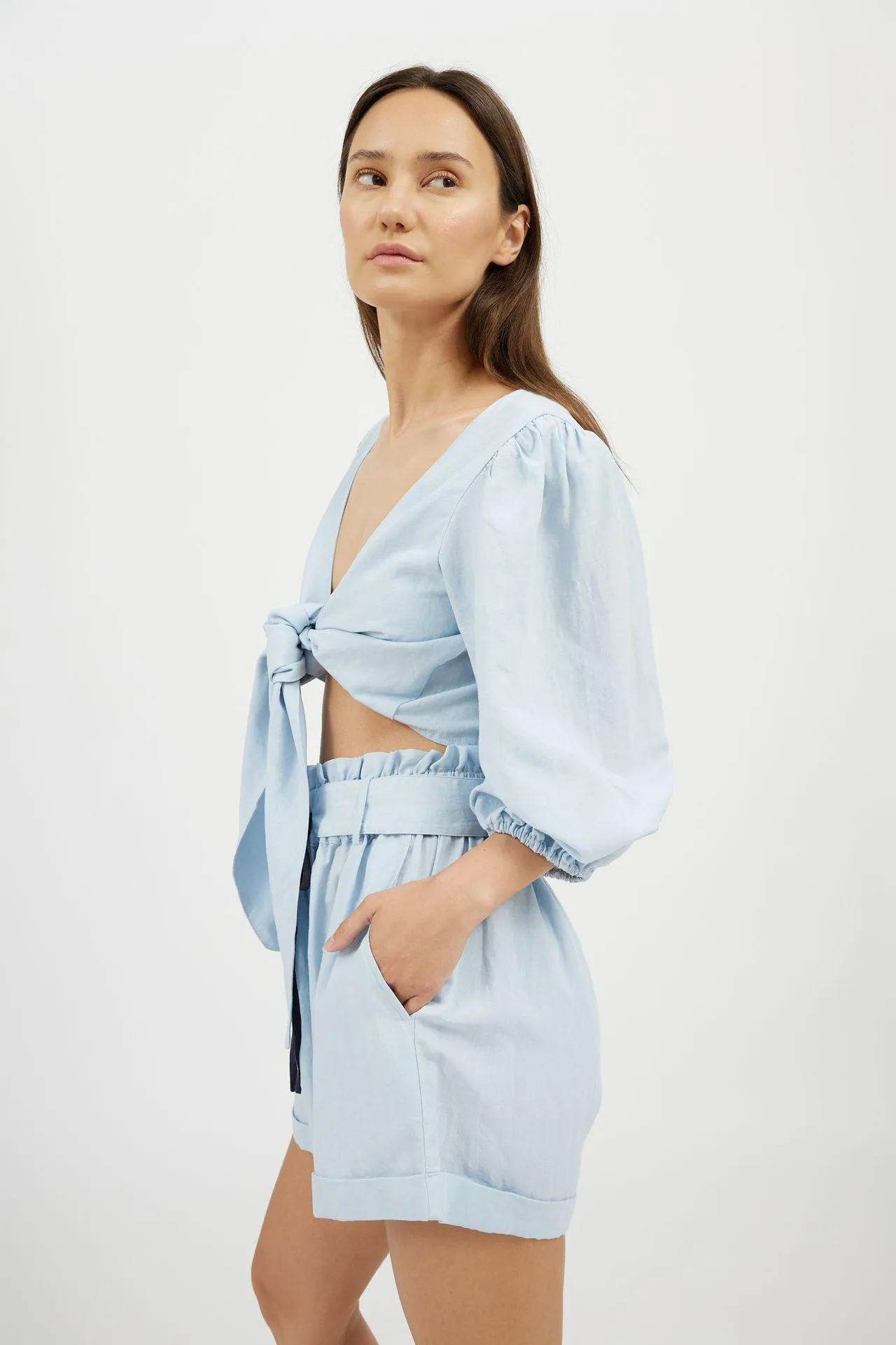 Bamboo Puff Sleeve Tie Front Linen Top