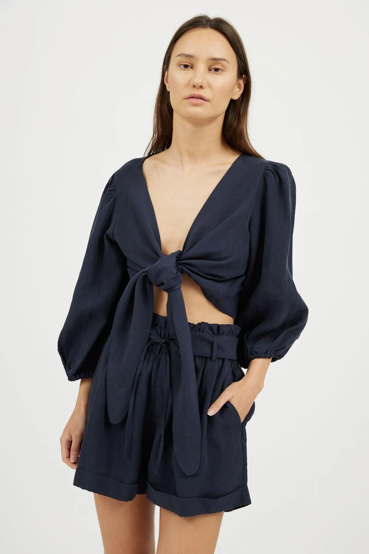 Bamboo Puff Sleeve Tie Front Linen Top
