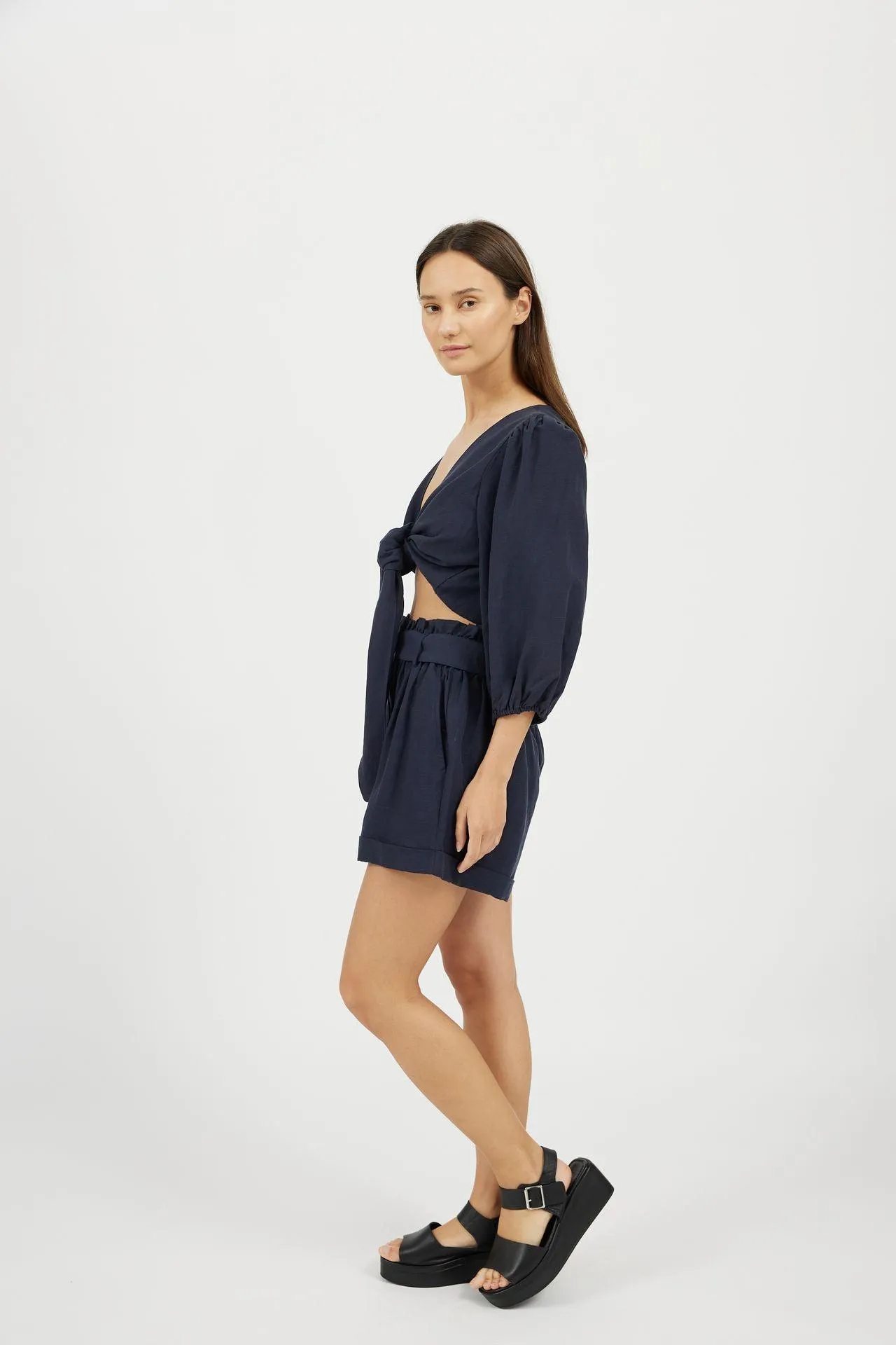 Bamboo Puff Sleeve Tie Front Linen Top
