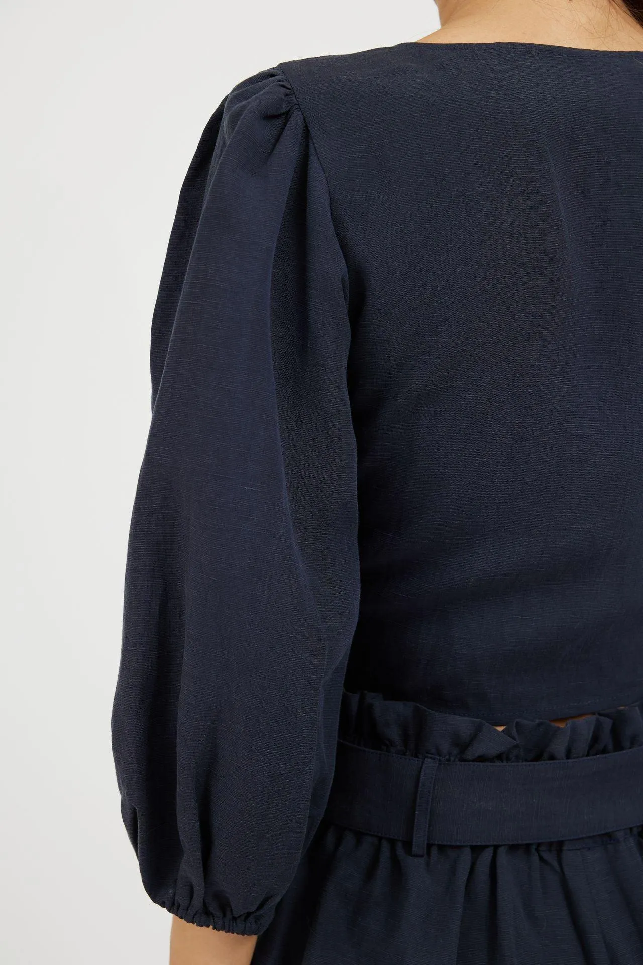 Bamboo Puff Sleeve Tie Front Linen Top