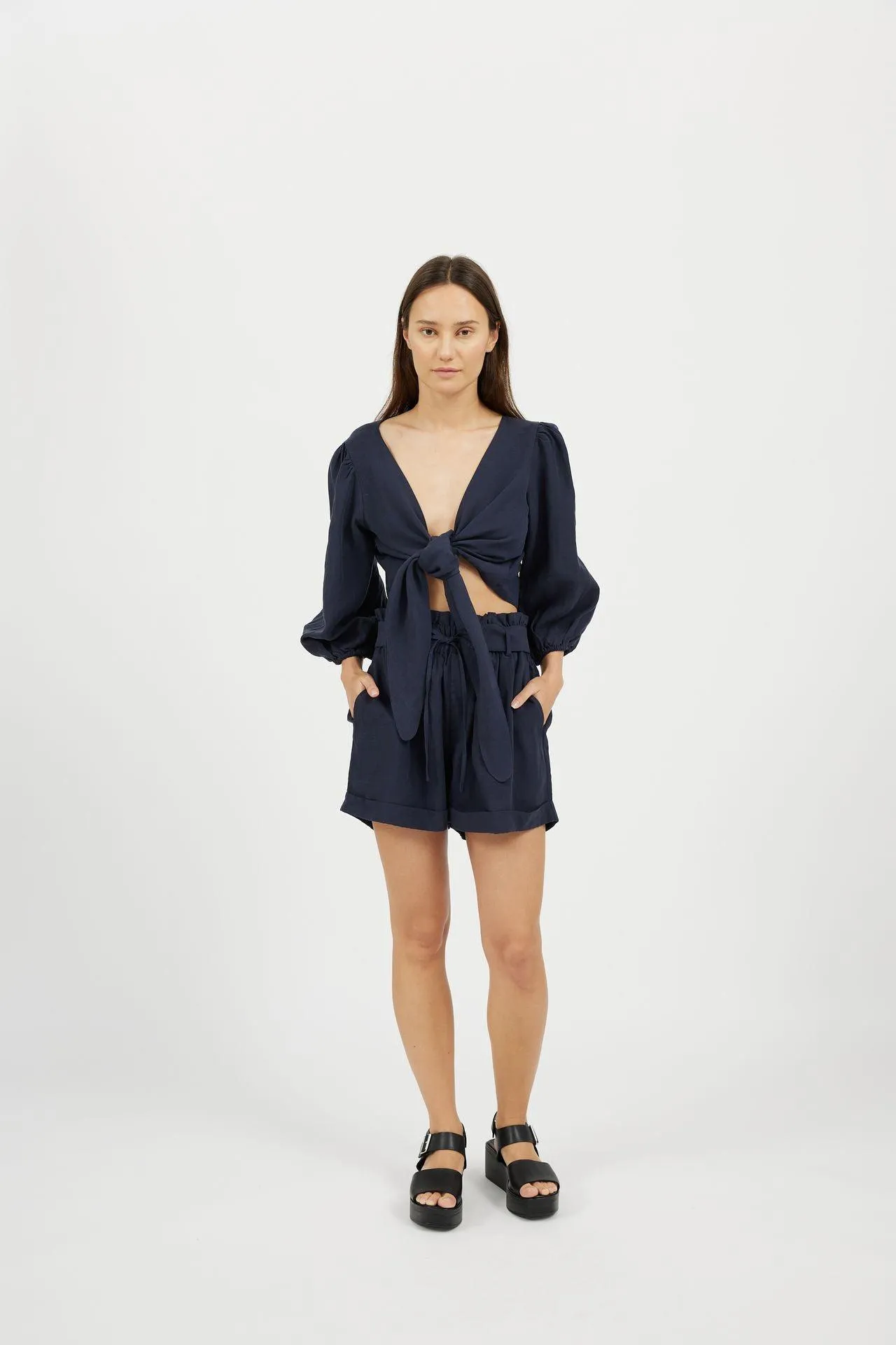 Bamboo Puff Sleeve Tie Front Linen Top