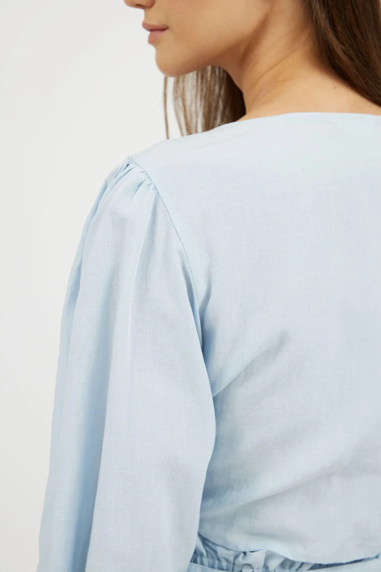 Bamboo Puff Sleeve Tie Front Linen Top
