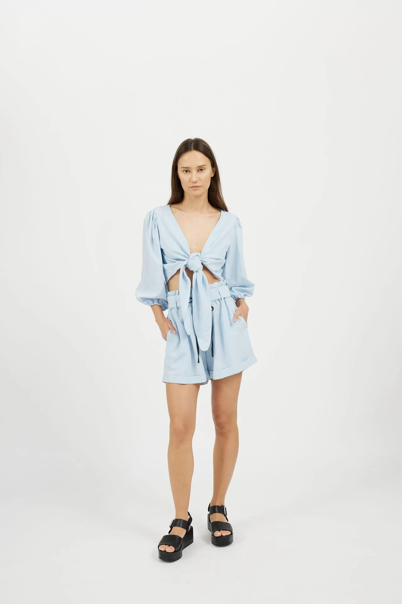 Bamboo Puff Sleeve Tie Front Linen Top