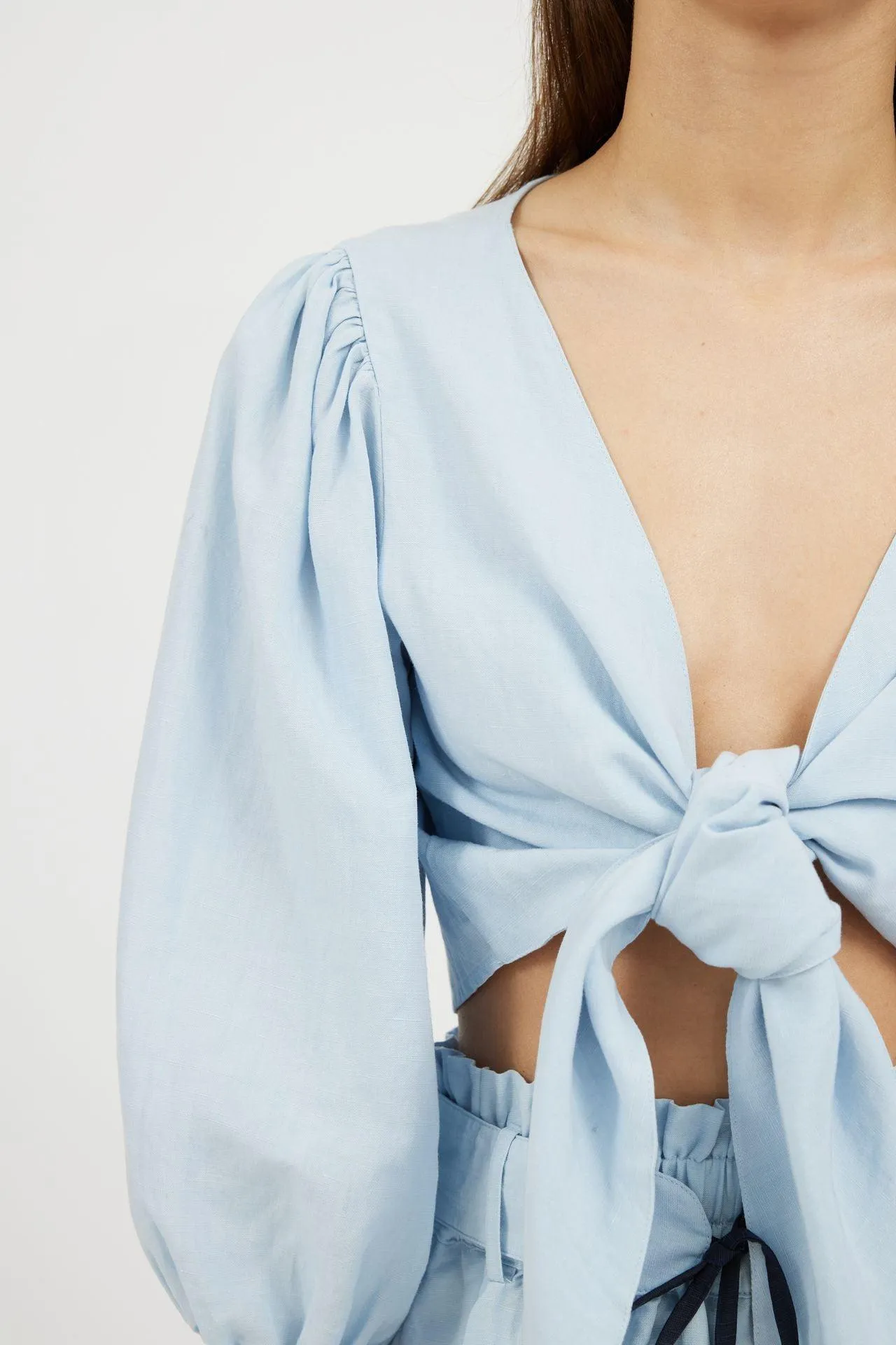 Bamboo Puff Sleeve Tie Front Linen Top